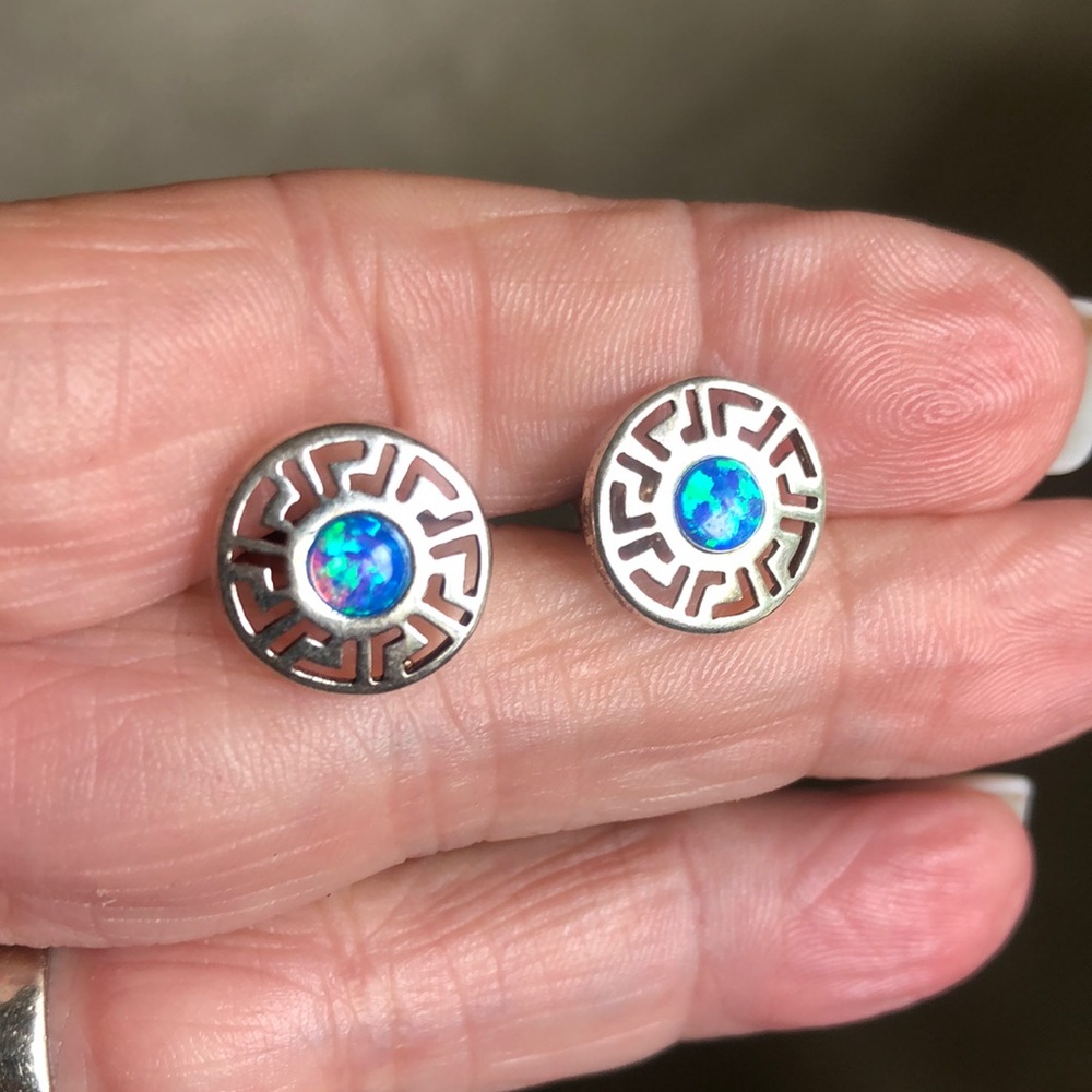 Sterling Silver Opal Greek Earrings - image 3